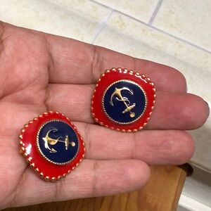 Red and Blue Anchor clip Earrings vintage made in USA